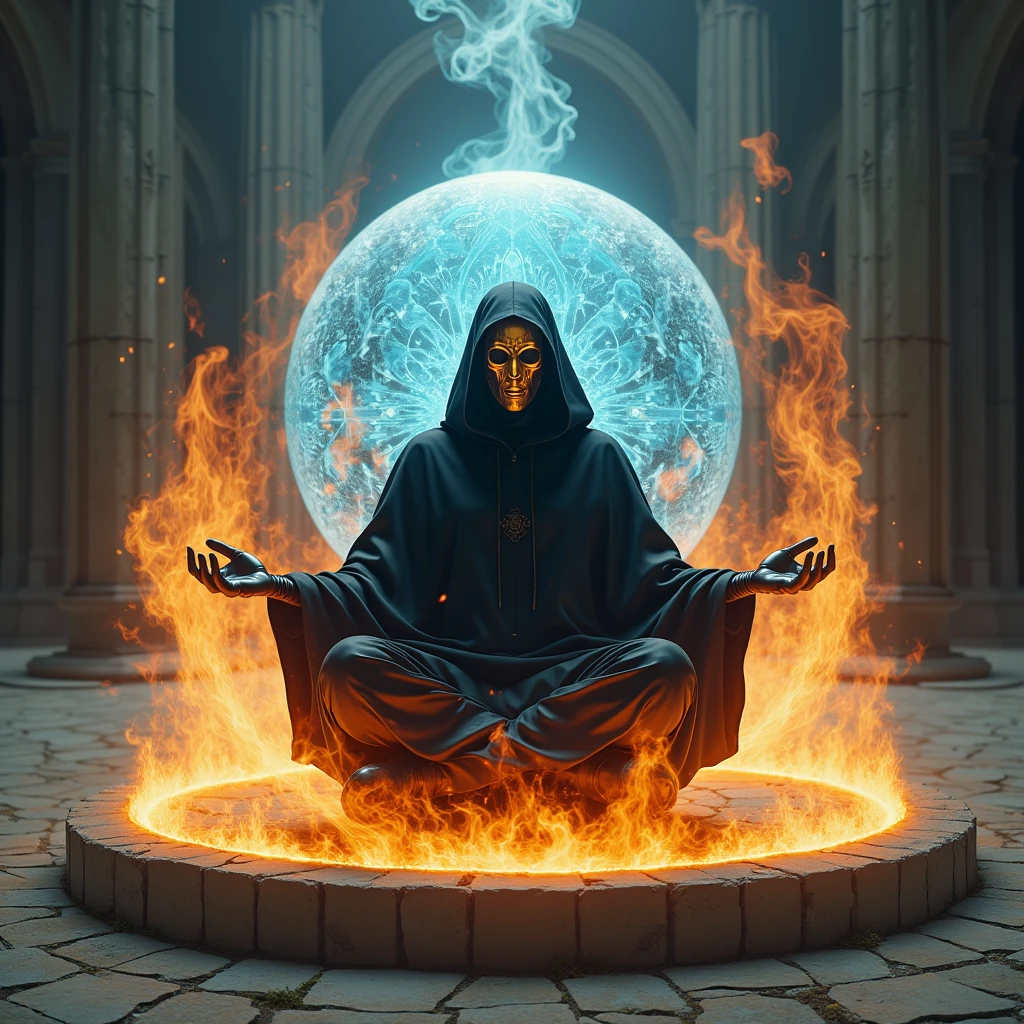 a close up of a beautiful black hooded robed cyborg wearing a holographic gold arched door mask meditating and levitating as sphere of fire surrounds his body in front of a large firey blue 3d volumetric metaball portal radiating and emitting rays of distortion beams that distort matter in a stone arena of stone arched doors