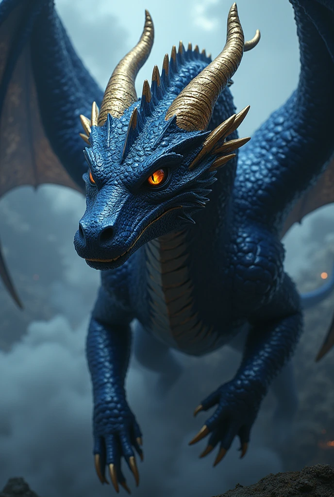 Generate an image of a dark navy blue dragon with gold eyes and gold details to make a fantasy book cover