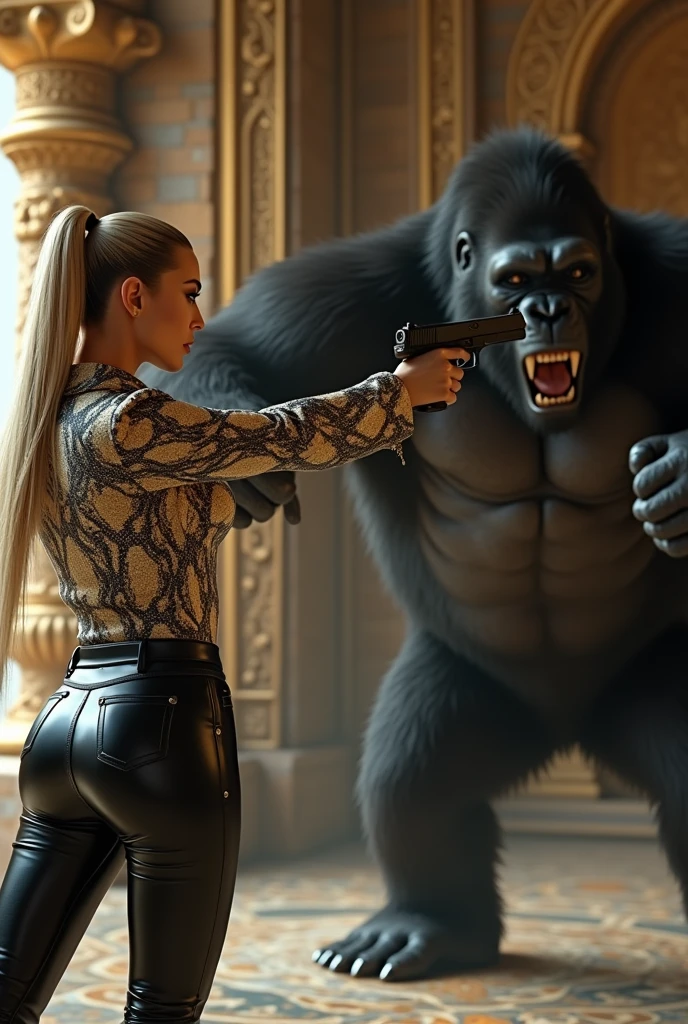 Kim Kardashian with long straight blonde hair in a ponytail in a shirt with snake print and buttons with sleeves and not belly-free, generous cleavage,in very tight black leather pants , she aims a gun at someone, in a temple, Behind her a gorilla attacks her with an open mouth and sharp teeth , the gorilla swings a fist at her