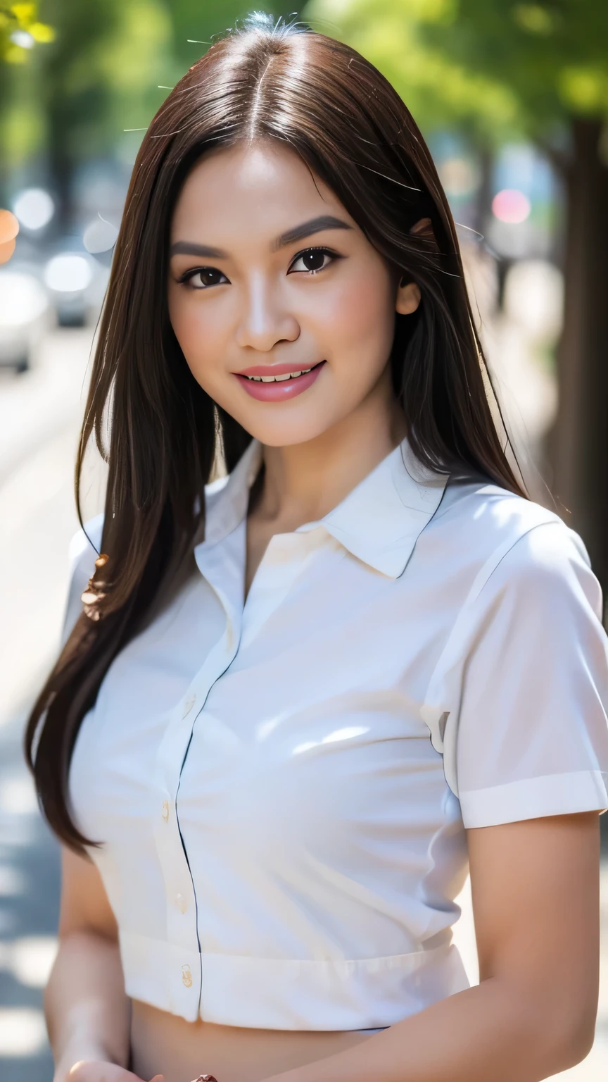 (beautiful detailed eyes,beautiful detailed lips,extremely detailed eyes and face, long eyelashes, brown hair), (pin-up style, fashionable), (portrait, colorful, vibrant, dynamic), (best quality, high resolution:1.2), (realistic:1.37), (bokeh, soft lighting), (traditional student uniform, pleated skirt), (confident, charismatic expression), (garden background, greenery, flowers), (accessories: glasses), (high cheekbones, radiant skin), (Indonesian culture, batik pattern on the uniform), (professional photography, studio lighting), (subtle makeup, enhancing features), (positive and friendly aura), (sharp focus, attention to detail), (graceful posture, standing or sitting), (playful and joyful atmosphere), (color palette: warm tones, dominant red and yellow), (natural sunlight, soft shadows), (artistic rendering, vibrant brushstrokes), (attention to hair texture and shine), (captivating smile, pearly white teeth