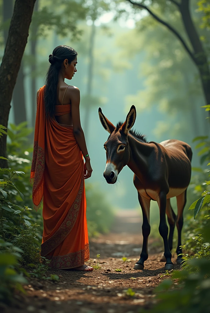 An Indian woman, (white shiny wet skin) in saree, (with her back turned) (girl squatting) shows her donkey, wants to sell her donkey, alone in the forest,