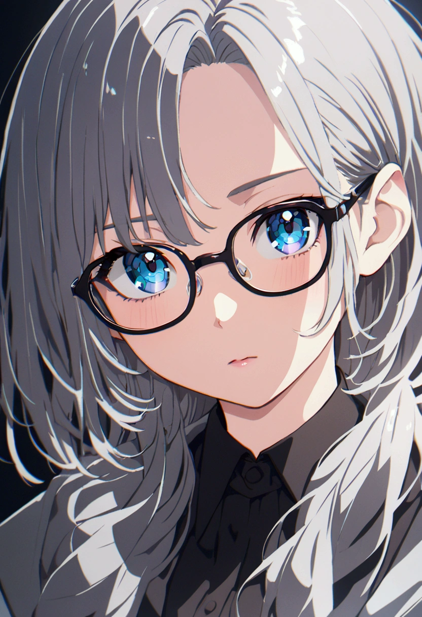 A female with gray hair, blue eyes and glasses
