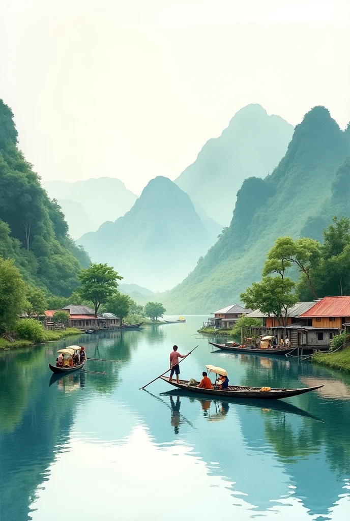 Myanmar, Inle lake, Watercolor painting