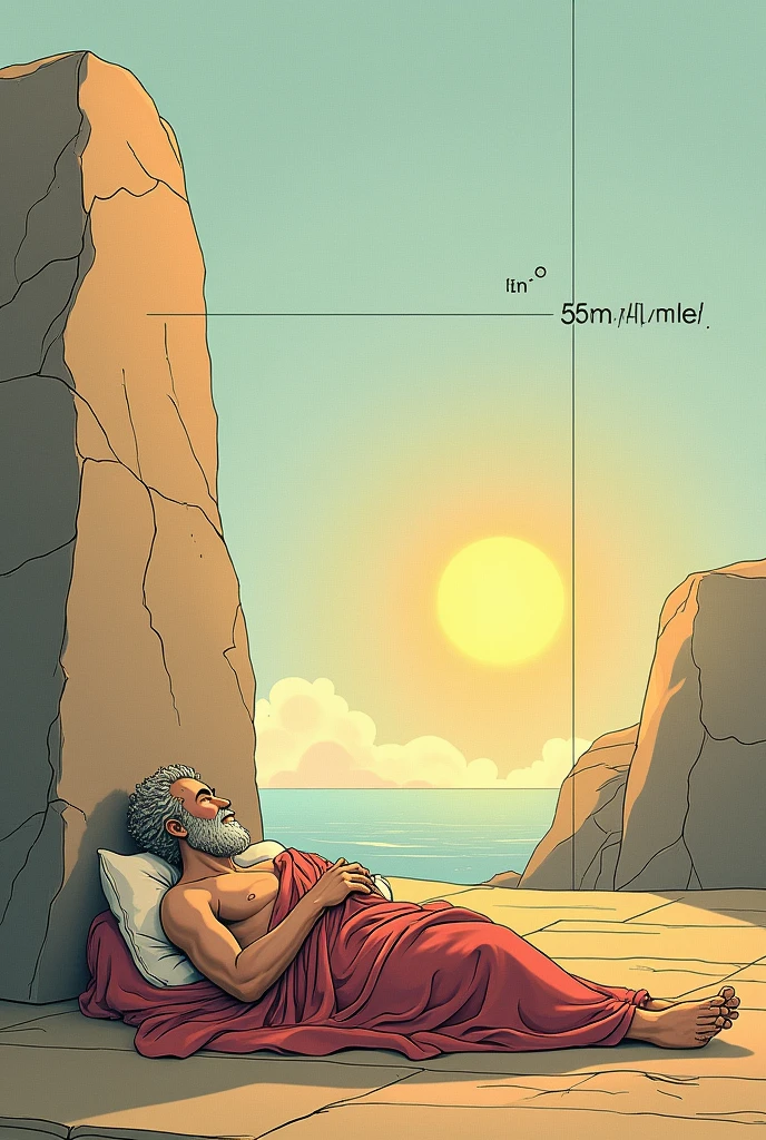 Illustrate with images the following question to be added to a test:                                  ) Archimedes went to sleep next to a large rock. He wanted to get up at 7 in the morning, but the alarm clock had not yet been invented! He decided to sleep in a place where the shadow cast by the rock ended at 7 am so that he would be woken up by direct sunlight.. Archimedes knew that at 7 a.m., the sun touches the ground at an angle of 30º .The rock he slept next to was 5 meters high.  
How far from the rock did Archimedes sleep??  
obs: This text containing the question must be in the image