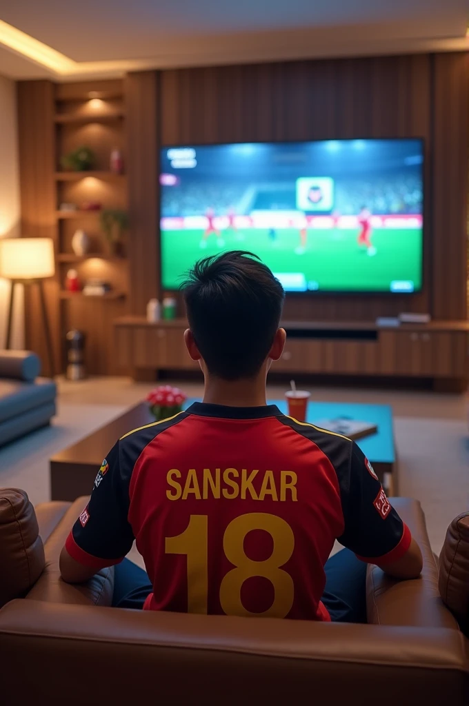 In a spacious, tastefully decorated living room, a life-like scene unfolds. A young man, approximately , engrossed in IPL match, sits before a grand LED TV. He proudly sports a vibrant RCB Team jersey on which name "sanskar" and the number "18 RCB" emblazoned boldly. The natural lighting cascades through the room, illuminating every detail, while the LED TV screen displays the match in all its glory, captivating the viewer's attention