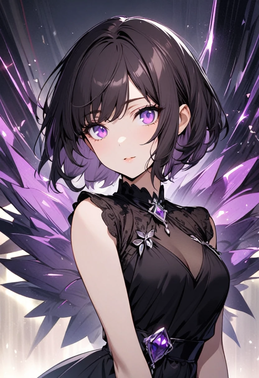 solo, eligant, 1 lady, black dress, short hair, amethyst eyes,