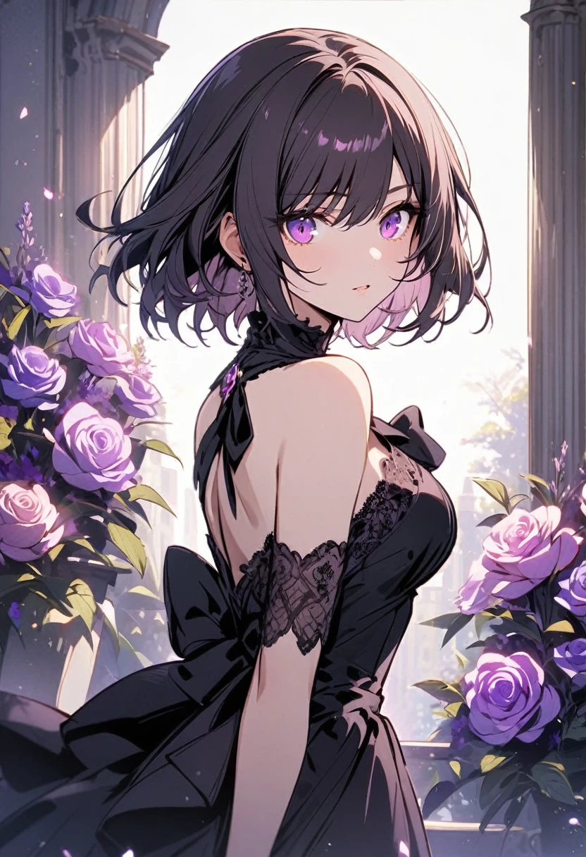 solo, eligant, 1 lady, black dress, short hair, amethyst eyes,