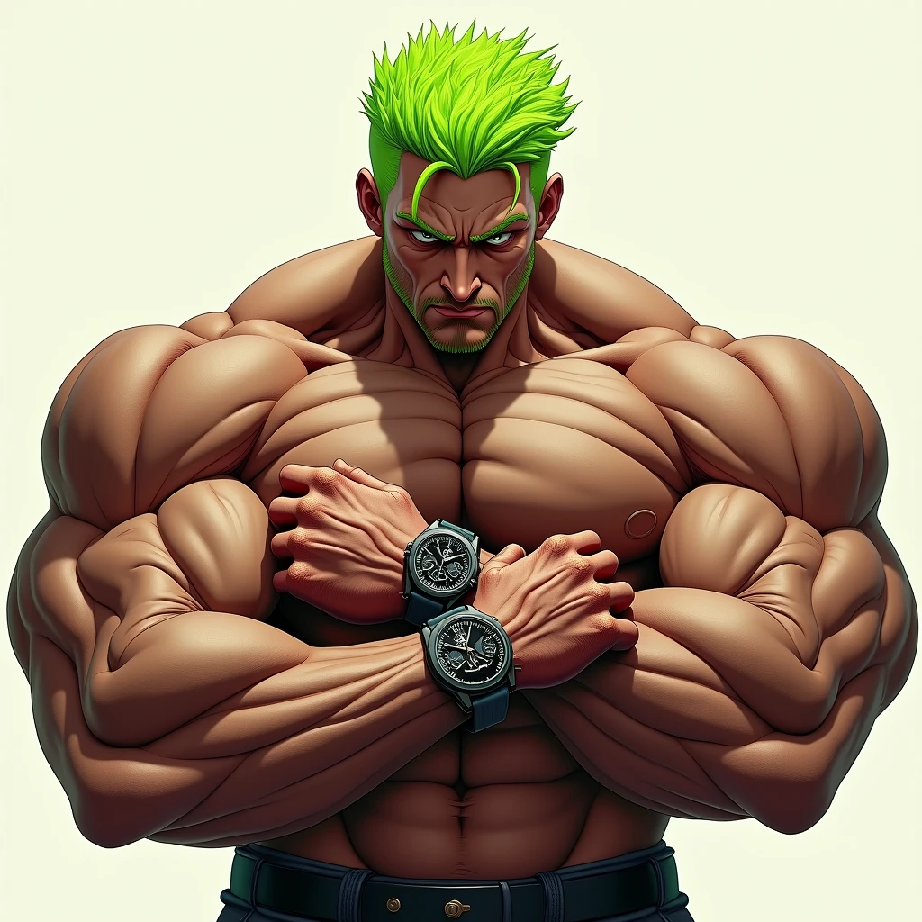 An extremely muscular man, with veins protruding from his powerful muscles, and bright green hair. He is looking intently at the watch on his wrist, showing a mix of strength and concentration.