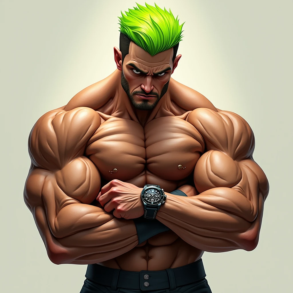 An extremely muscular man, with veins protruding from his powerful muscles, and bright green hair. He is looking intently at the watch on his wrist, showing a mix of strength and concentration.