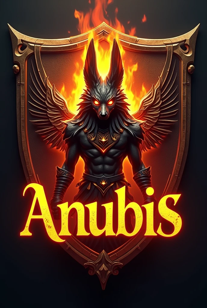 ((best qualityer)), ((work of art)), (detailded), create a gamer logo with the character egyptian god anubis, The logo must have a coat of arms with the character in front of the front bust, and the name written ANUBIS, Anubis has to be on fire epic dragon gamer style, Anubis has to look bad