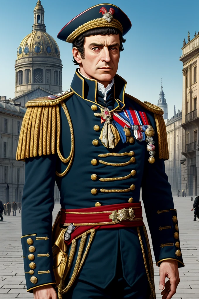 Highest quality, masterpiece, High resolution,，（Napoleonic era），French Revolutionary Soldier，Medals，marshal，（French cityscape_background），Middle-aged men，4K, alone，whole body， Hyper Detail, (Intricate details),