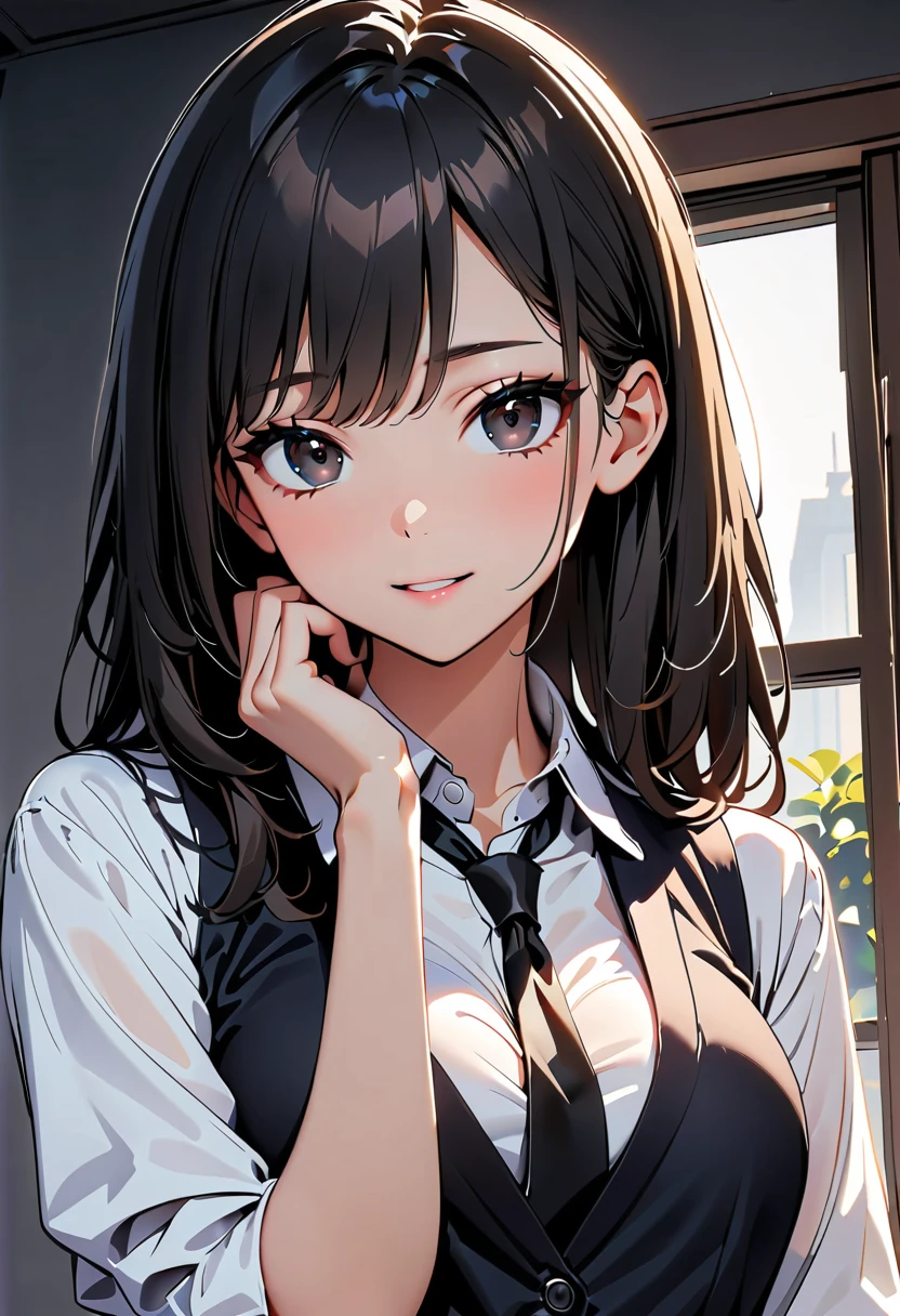 (high quality, 8k, 4k, high contrast, masterpiece:1.2, 最high quality, better aesthetics), ((1 female)), wearing pistol gun, contract killer, in the house, window, Beautiful and detailed eyes and face., real skin glitter, pretty girl, white shirt, black vest, strait black tie, atmospheric lighting, dark color palette, long black hair, black hair, ((sexy)), 27years old, small head, black eyes, no smile