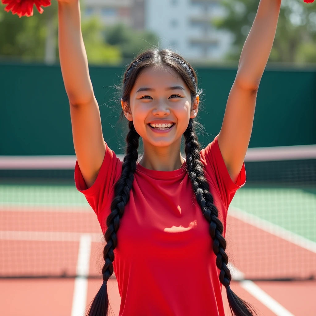 A beautiful asian girl is cheer leader, black hair, braided hair on both sides, t shirt red, looking viewer, facing the viewer, excitement on the face, hand lifting cheerleading flower, cheerleading and Y jump, back ground at tennis stage. realictics, You should not describe the chest and genital areas.