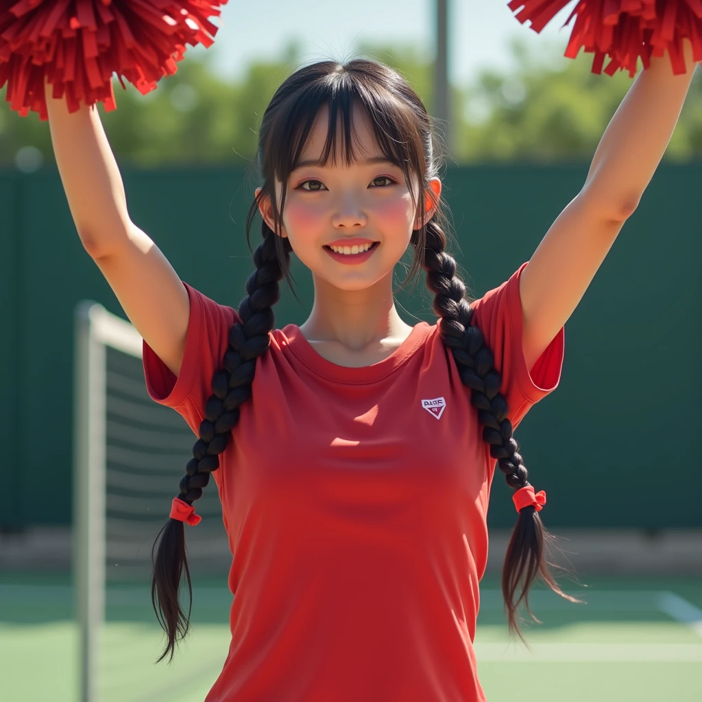 A beautiful asian girl is cheer leader, black hair, braided hair on both sides, t shirt red, looking viewer, facing the viewer, excitement on the face, hand lifting cheerleading flower, cheerleading and Y jump, back ground at tennis stage. realictics, You should not describe the chest and genital areas.