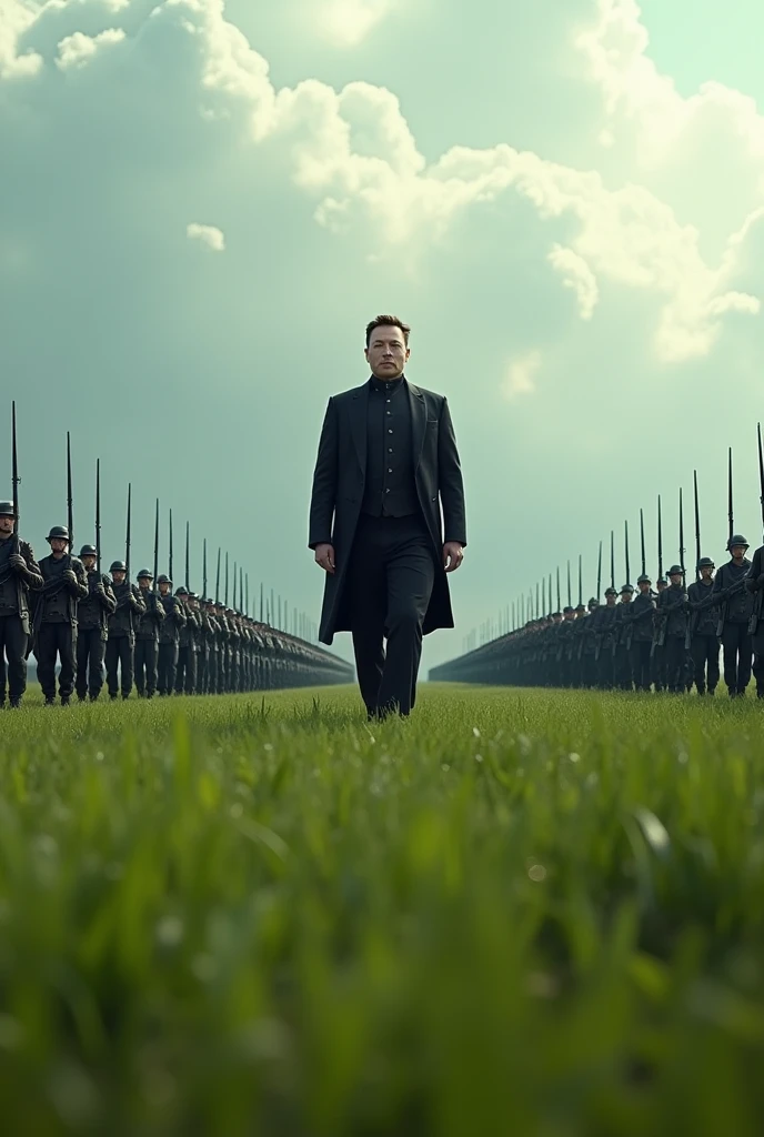 Elonmusk with his ful army standing in a field 