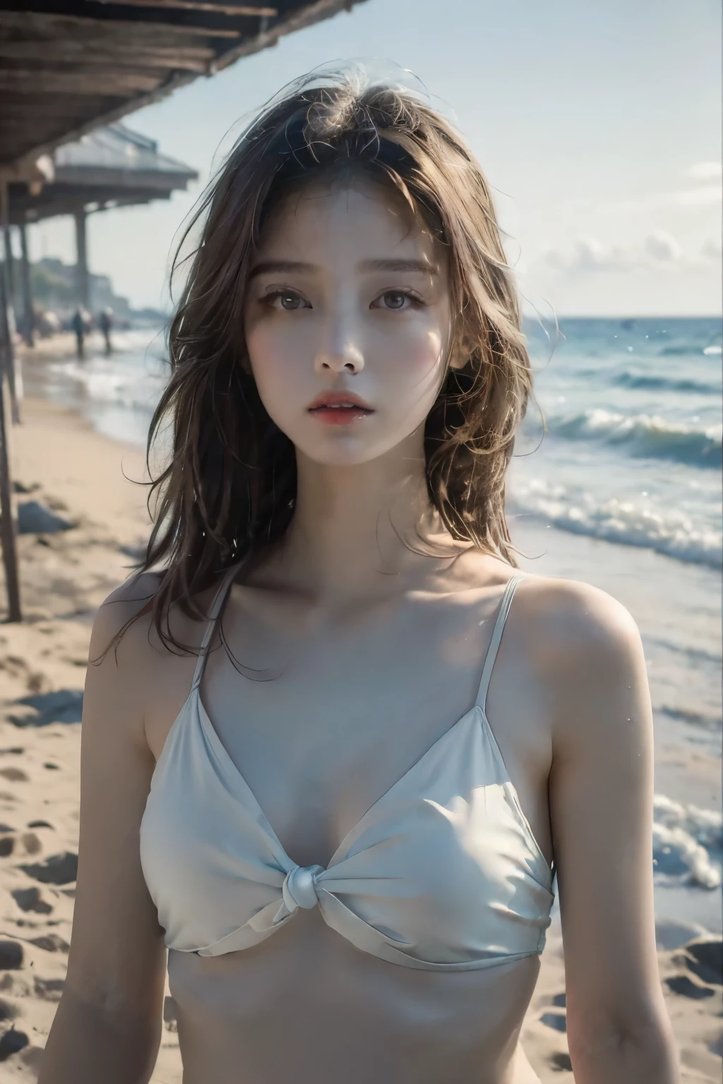 ((best quality、8k、masterpiece: 1.3))、Very exquisite beauty、very detailed、1 girl、Sandy beach with ocean view、、Delicate face and lips、wind、Beautiful swimsuit model portrait、