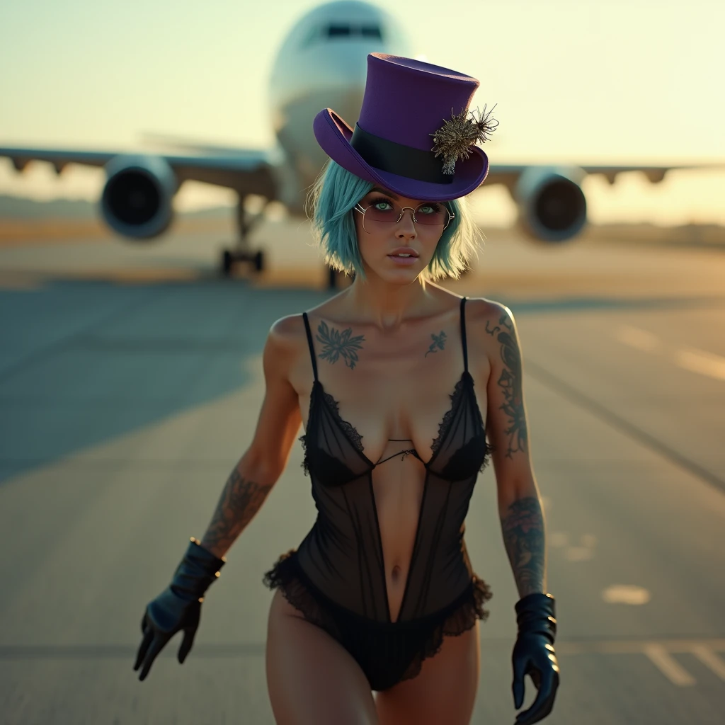Créer une image de haute qualité 16k, photo réaliste, tres longue pause, photo kodak, objectif canon 85mm ,vu de très haut, plan large, avec une femme, Ana de Armas, habillée avec une nuisette legere noir. peau légèrement bronzé, pas avancé donnant l'impression d'un mouvement arrêté dans le temps se déplaçant subtilement avec le mouvement de ses pas, brise de vent, ouverte sur les cuisses, des bottes haute noir, un décolleté en "V" faisant apparaître ses seins. elle a cheveux court, tombant autour de son coup, sa chevelure est bleu avec des meche tombante sur visage. tatouge sur bras coup ventre cuisse. elle porte sur la tête Chapeau haut-de-forme violet style victorien vintage steampunk ornementé. aire déprimé. immense piste d’avion, derrière decolle un boing 747. les yeux vert perçant. L'un de ses pieds est légèrement avancé, comme si elle était en train de faire un pas en avant vers la camera. petite lunette de soleil ronde. A la nuit tombante. L'ensemble de la scène capture un moment de puissance, de détermination et de grandeur