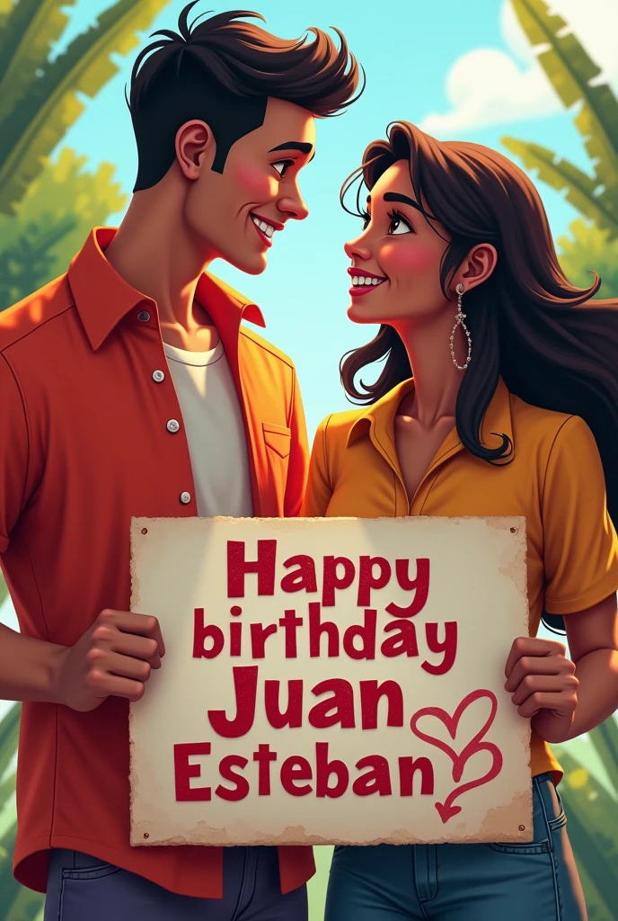 A young man with light brown skin and dark reddish brown eyes , a little muscular and short hair happy called Juan Esteban Gutiérrez Ortiz because in front of him is his friend Danna with dark skin, dark brown eyes and very long hair down to her tail (women) young man holding a sign that says "Happy birthday Juan Esteban ♡" that they look at each other's faces with joy and in the background there is a landscape that represents that joy and that they have a nice matching outfit , but they look younger and the boy is like flirtatious and with hair a little shorter And the young girl looks a little younger with a submissive face, Well, they are looking slightly at the camera here in front. , This image is perfect, I need the poster to be more colorful and happy and what it says "Happy birthday Juan Esteban" This one with degraded and very epic letter and that they look towards my first perspective, The young Juan boy is slightly muscular and with the hair on top a little shorter, They both look around , Perfect, I need the young man's hair to be shorter on the top of the man's head.