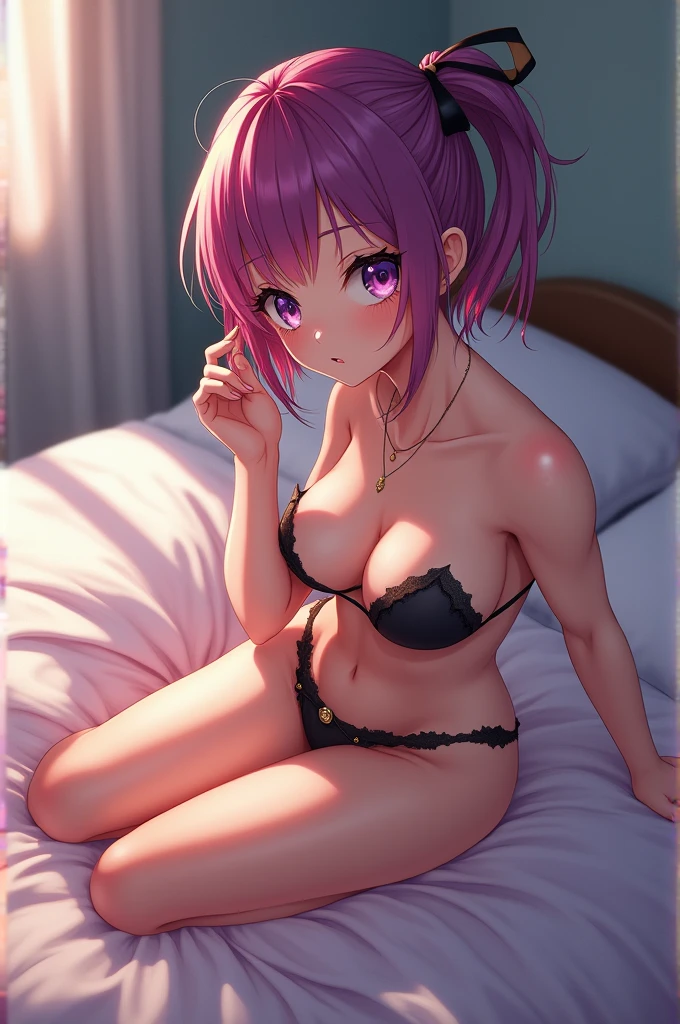 Pink and white striped bra、Masterpiece、High quality photo、8k、Pretty girl、Pink Hair、Short Bob、Big Eyes、Small breasteaty thighs、Perfect limbs、Red Hair、No underwear、pubic hair