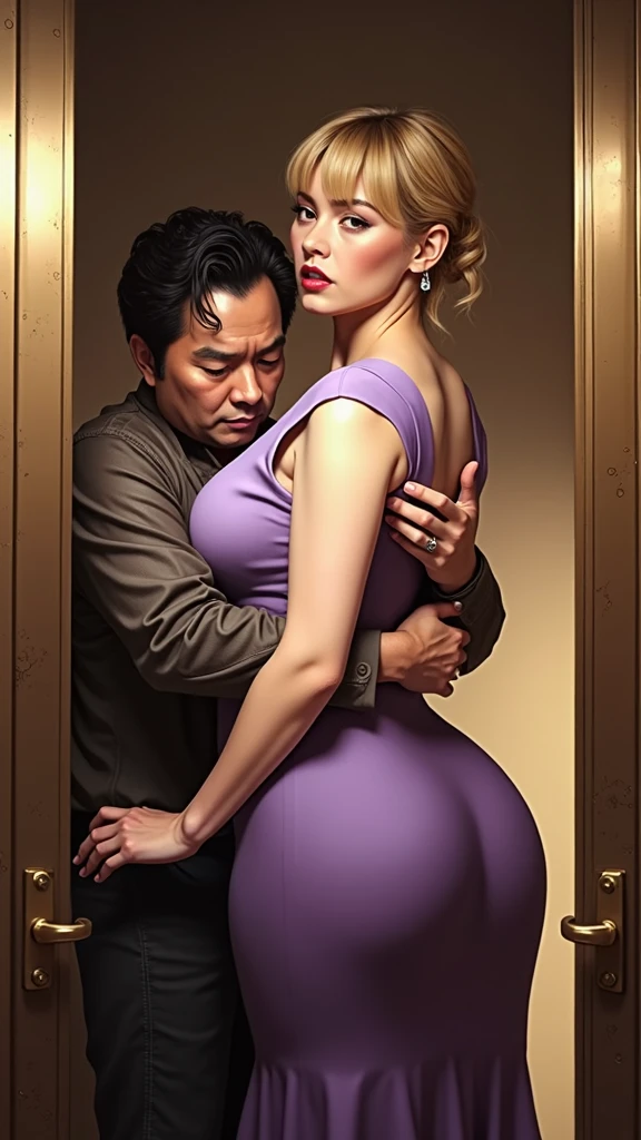 (live-action:1.9), Very realistic, Like a photograph, masterpiece, (Japan man wearing glasses:1.9),   (A small middle-aged Japanese man hugs a woman from behind:1.9), Detailed elevator scenario, Detailed background of the elevator, Sexy tall blonde European standing (Woman 1) (Anne Hathaway:1.9), (The woman is wearing a formal long dress:1.9), (Women have big thighs and thick buttocks), (((Cleavage))), (Long legs), (pantyhose), (High heels),  (((Facial expression of disgust))), Blushed, (The man is wearing tattered clothes)