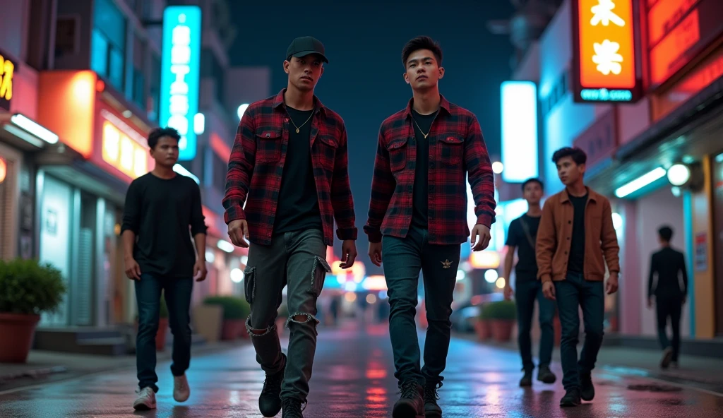 Hyper realistic, a 2 Indonesia man walking on the neon cyberpunk street, ideal body, look straight ahead, wearing dark red flannel shirt and dark ripped jeans pants and black hiking hi-shoes with black backward trucker hat, photoshoot pose, arrogant man expression, together with his three young friends, Bandung night town as background. Use soft photography lighting. top lighting. top lighting, slide lighting, high quality photos, UHD, 64k. shot with Canon EOS 5D Mark IV, cinematic portrait, Realistic face, not changing face, no mustache, Real photo, unchanging face, background change. Real Picture 8k ultra, man, gamer, hyper detailed, sharp focus, studio photo, intricate details, highly detailed, photo real, bright colors, digital graphics, unreal engine, blender art, perfect composition, octane rendering, masterpiece, sharp focus, high detail, art station, concept art, perfect composition, a model of ultra-high quality and clarity, perfect play of light and shadow, 32k UHD, hyper-detailing, complex artistic masterpiece, ((best quality)), ((masterpiece)), (detailed), perfect face