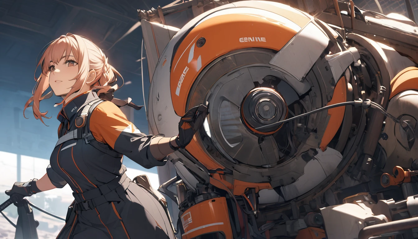 1girl, long_hair, portrait, full body, mechanic jump suit, car tyre in front, white transparent shirt, long hair, earrings, car garage background, toolbox, hammer, spanner, hoses, topless, naked, cleavage, sweat