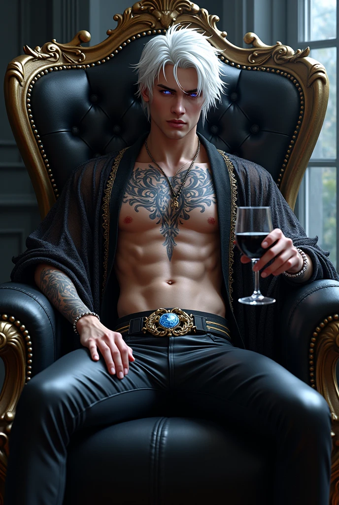 Create a handsome and attractive prince of hell, details his face, Let his jaw be marked but don't put a beard on him so he looks young and has white hair long to the waist , that has blue-purple eyes, Leave her chest exposed with some tattoos and put on a long, semi-transparent black robe with gold embroidery, that he has leather pants with a belt, Put a bracelet on his arm too. Let him sit in an elegant black chair with thorns and diamonds and hold a glass of black wine in his right hand.. make it realistic