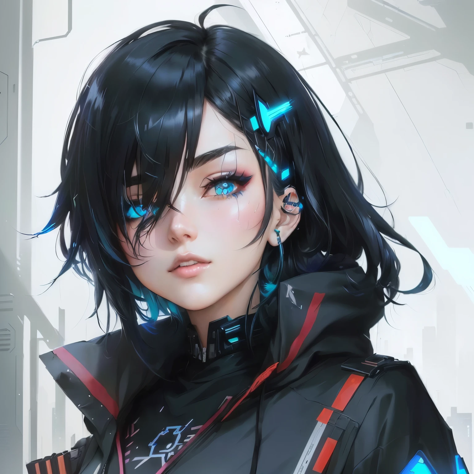 anime - style image of a woman with a blue star on her forehead, jet black haired cyberpunk girl, portrait anime space cadet girl, cyberpunk anime girl, digital cyberpunk anime art, female cyberpunk anime girl, anime cyberpunk art, artwork in the style of guweiz, cyberpunk anime girl mech, guweiz, cyberpunk anime girl in hoodie, cyberpunk anime art