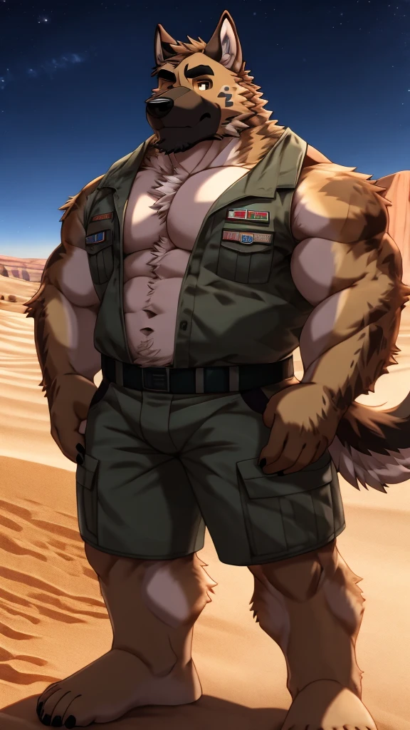 anime style, ((whole body)), ((military uniform)), standing, ((plump middle-aged german shepherd man)), BREAK ((brown eyes)), one eye closed, beautiful beard, beautiful ears, (male face:1.3), (big face:0.5), square jawline, (Male Eyes:1.2), (sharp eyes:0.8), (big eyes:0.5), male eyebrows, (innocent look:0.5), (beautiful black nails down to the last detail:1.2), BREAK (complete Anatomy), (detailed face:1.3), beautiful face, (detailed body), (beautiful hands:1.2), (detailed fingers:1.2), (detailed eyes:1.1), (beautiful Eyes:1.1), arm details, Leg Details, beautiful feet, BREAK Muscular anthlo, body hair, ((hairy skin)), fluffy, (blood vessel:-0.8), (glowing Skin:-0.7), (chest hair:0.5), (1 tail), (a beautiful and detailed small tail), BREAK night sky, desert, outdoor, ultra detailed, highest quality, ultra-high resolution, realistic, 16K, masterpiece, beautiful detailed, perfect solution, absurdists, (faint light),