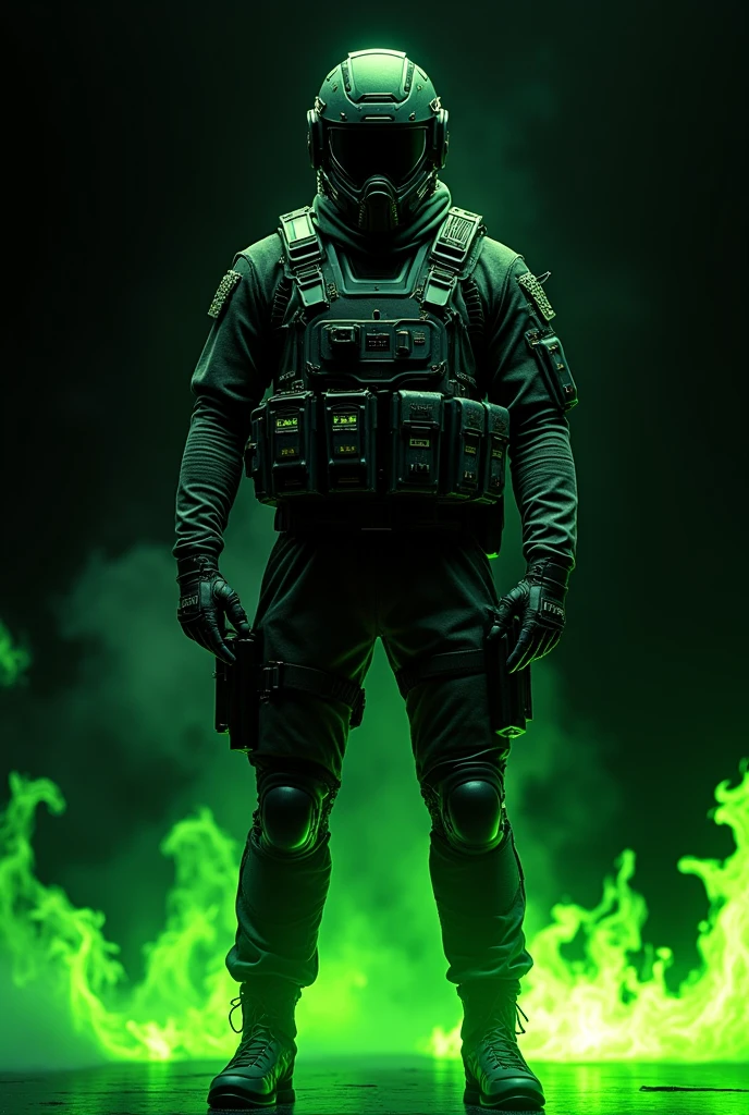 Armed Forces Soldier, with black and neon green uniform. With black background and neon green fire