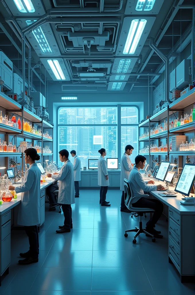 Best hyper realistic biotech laboratory advanced inside view with multiple equipments specimens scientists employees in work pose busy in their action and futuristic theme