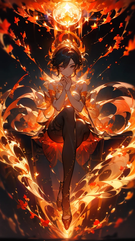 ((masterpiece, best quality)),Balrog,spark,Flame Surround,Delicate face,whole body,Perfect body proportions,luxurious,Extremely beautiful,Flame Leaves,Petals falling,sexly,See-through pantyhose,Fishnet stockings,transparent,Star decoration,NUDE