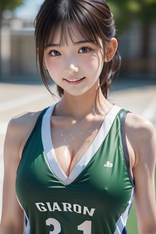 (One Girl), Very cute face, Great face and eyes, (Highly detailed eyes, Highly detailed face), Fresh, Very beautiful appearance, (Ultra-realistic, High resolution), (Highest quality:1.4), RAW Photos, (Realistic, Realistic:1.37), Professional photography , (Wet, see-through light green basketball uniform )  , (Cleavage:1.2), (Exposing shouldersさせる), Laugh a little, (look at me), Bedroom, Portrait of a Girl  , (Huge breasts)   , Exposing shoulders ,  , Jump Shots , (Erect nipples:0.95) , (ponytail) , (The uniform is clinging to her body, revealing her nipples:0.98)