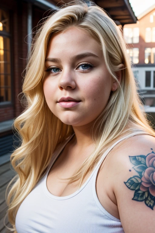 Medium view, of young aged, face portrait, Scandinavian features,long hair, extremely fat, very fat, chubby, blond hair, high quality, pretty, gorgeous, busty, curvy, fat, overweight, beautiful, tattoos, tank top, in cozy college courtyard,