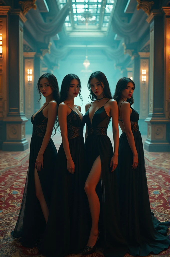 Kpop girl group with 4 members, in dark luxurious scenery, styled, fancy clothes, surreal scenes and symbolism