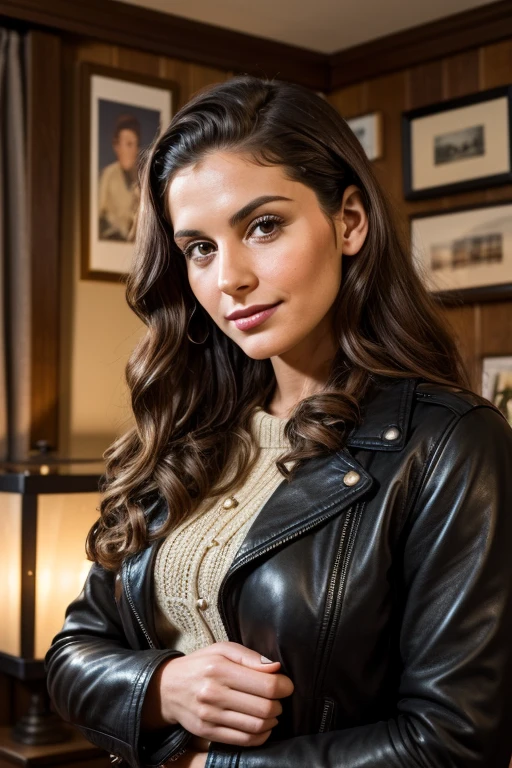 Medium view, of young aged, 30 year old, milf, jewish woman, face portrait, jewish features,long hair, brown hair, 1940s hair style, 1940s clothing, black
leather jacket, in cozy fjord home 1936, sweaty