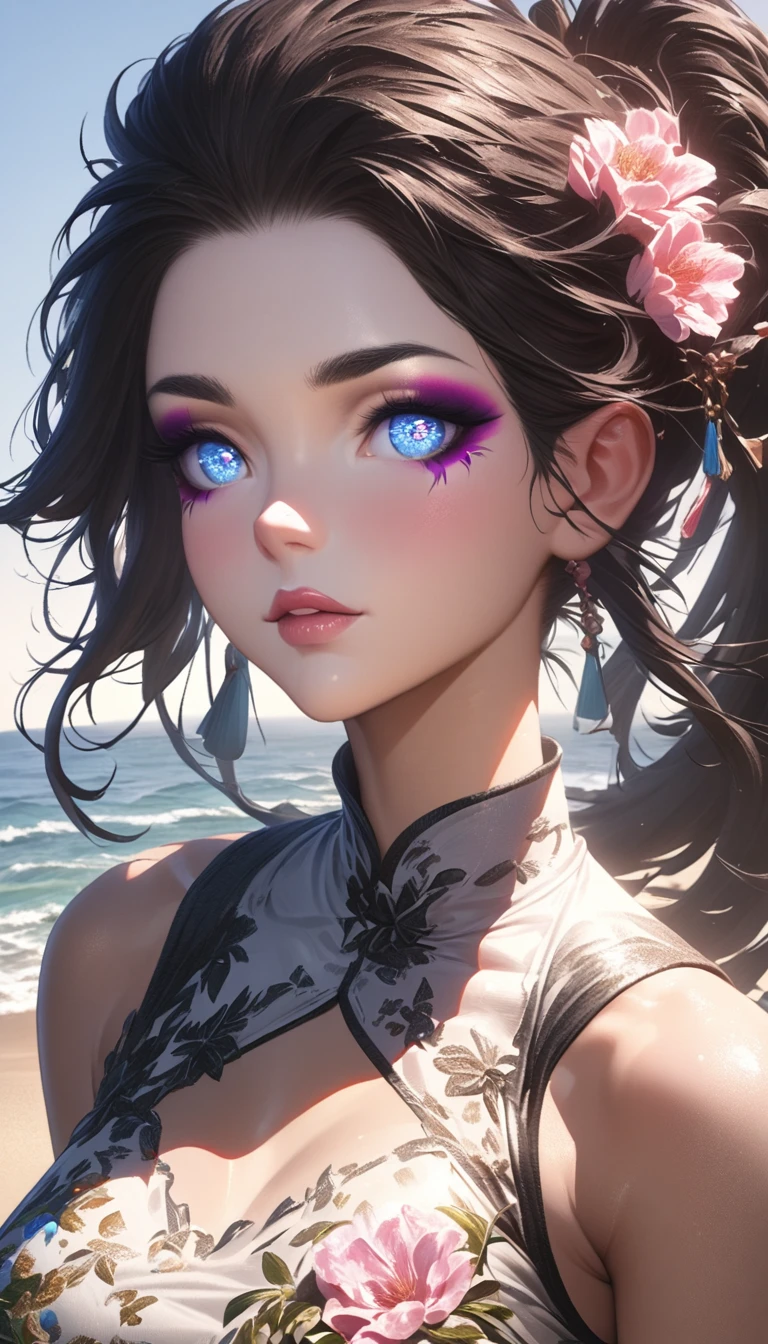 mdnn, (sharp focus:1.2), portrait, attractive young woman, (beautiful face:1.1), detailed eyes, luscious lips, (eye makeup:1.2), (tight body:1.2), wearing (flowery dress:1.2) at (the beach:1.2). (morning sun lighting:1.2), depth of field, bokeh, 4K, HDR. by (James C. Christensen:1.2|Jeremy Lipking:1.1).