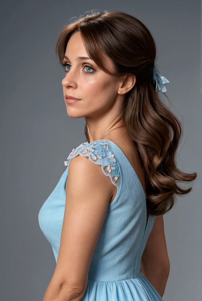 (4k), (Best Quality), (Better details), (ultra realistic), (((full body side view))), Alicia is an attractive 40-year-old woman, of 1,65 meters high, medium length brown hair loose, light gray eyes, She is wearing a light blue dress