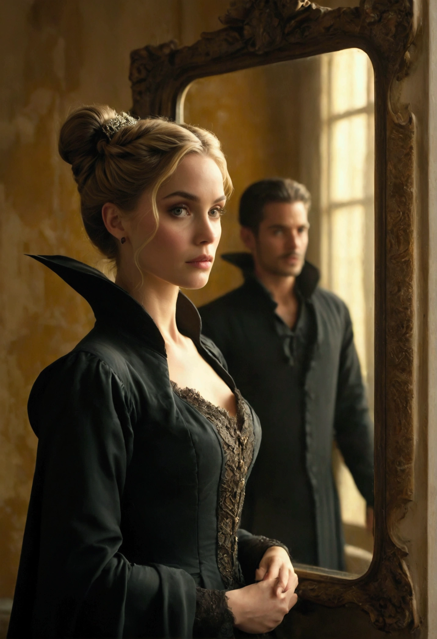 Cinematic action scene for romantic novel where PEYGAN SINCLAIR change clothes in luxury clothes store. He stands only in pants in front of big mirror, MALEFICENT DANICA watching him. PEYGAN SINCLAIR, a handsome man in his early 30s. The man looks elegant and stylish. He has a well-styled haircut featuring a classic look. His hair is medium-length with a slight wave, adding volume and texture, while the sides and back appear shorter and neatly trimmed. The hairstyle is likely achieved with a side part, giving it a clean, refined appearance. His beard and mustache that complements his strong jawline. His skin tone is fair, and his features are sharp and defined. His facial expression is calm and focused. MALEFICENT DANICA an elegant woman in her 30s. She has a natural makeup look that enhances her features. Her blonde or light brown hair is loose and styled. She dressed in a stylish and elegant casual outfit. Cinematic action scene, highly detailed, wide shot, Low Angle Shot, 4K, highly detailed, epic scene, dynamic scene. The lighting in the scene creates a soft outline and adding drama and depth to the image.