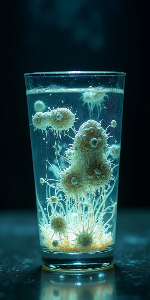Complicated bacteria mutated life in glass of water, backlit by led in dark scene