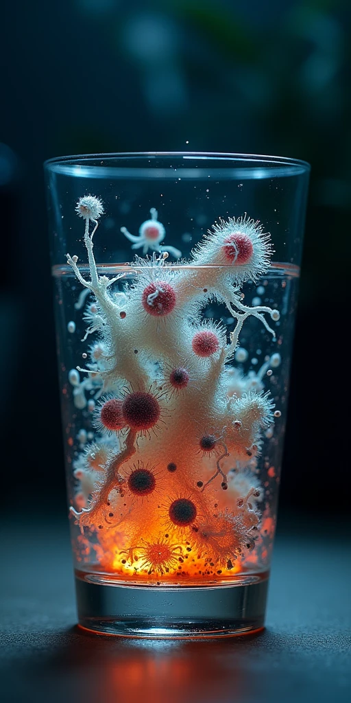 Complicated bacteria mutated life in glass of water, backlit by led in dark scene
