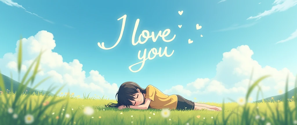 Anime Couple In a Open Field lying on the girls holding themselves together and in the blue sky it Says I Love You in the clouds 