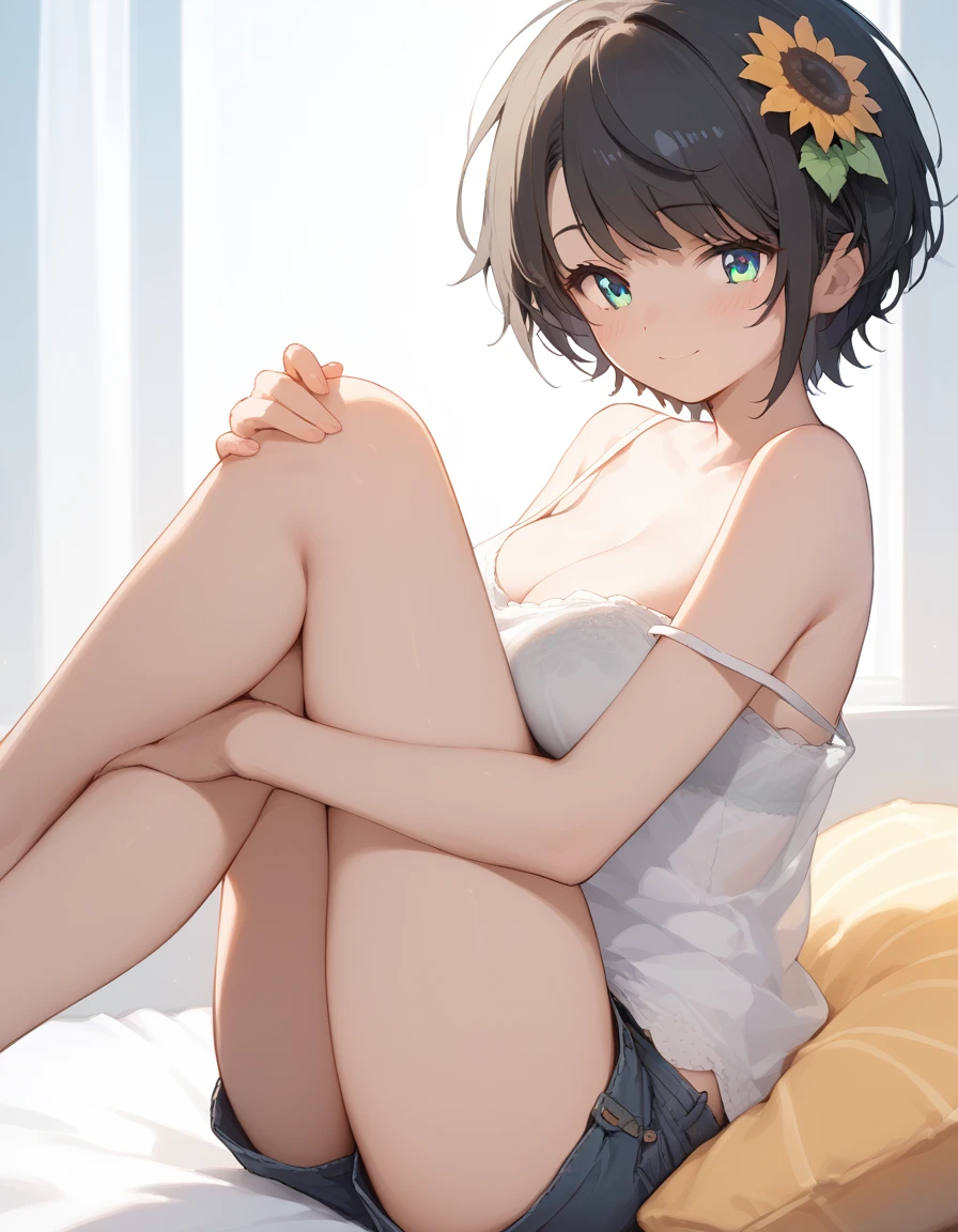 shubaBase, black hair, gradient eyes, aqua eyes, short hair,big breasts,,,score_9, score_8_up, score_7_up,best quality, official art, official style,source_anime,,solo,dim lighting,in bedroom,sitting on bed,holding own legs,,shy smile,embarrassed,white camisole,short pants,slip down shoulder strap,sunflower ornament  on hair,see through bra,