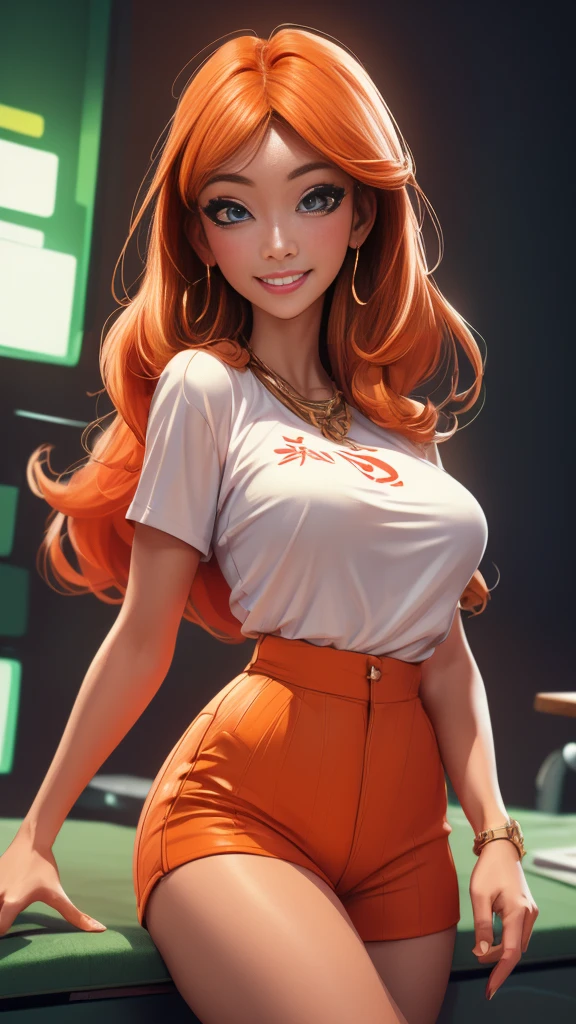 (best quality,4k,8k,highres,masterpiece:1.2),ultra-detailed, 1woman, gyaru, five foot five inches tall, ginger colored hair, mole by her left eye, wide hips, hot pants, t-shirt, seductive pose, smiling lustfully, looking at viewer lovingly, ((intricate detail)),(((realism))), HDR, 8k, absurdres, cinestill 800, sharp focus, add_detail:2, (solo, woman)