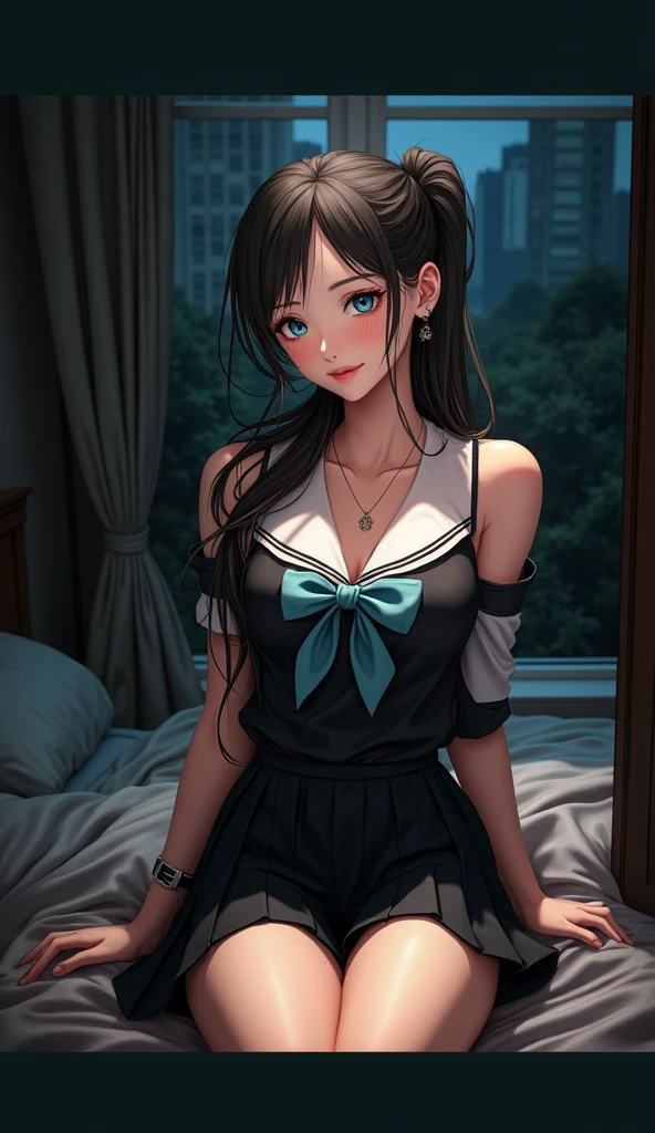 (32K:1.9, Realistic:1.9, Highest quality, masterpiece, Ultra-high resolution), Perfect dynamic composition:1.3, Highly detailed skin and facial textures:1.3, (Cute sexy slim Japanese schoolgirl, height: 155cm), ((Lying in bed:1.3, Eyes closed)), Fair skin, ((Clarity:1.1)), (The woman is wearing a uniform with a light blue bow tie., Ponytailed black hair:1.3, smile:0.9, A man completely charms a woman:0.9, beautiful Blue Eyes, beautiful, Clear Eyes:0.8), Sexy Face:0.4, blush:1.1, ((beautifulエロティシズムを醸し出す雰囲気:1.0, Professional random camera work:1.0, Cinematic Lighting Effects:1.0, romantic:1.0, artistic:1.0, mysterious:1.0)), Too erotic, Object of admiration, original, dramatic, Innovative, charm, Heartful, Fancy, Tilt, sense of loss, special, exciting, Extreme, sense of openness, joy, joyの表現, ((若さのcharm, 女性的なcharm))