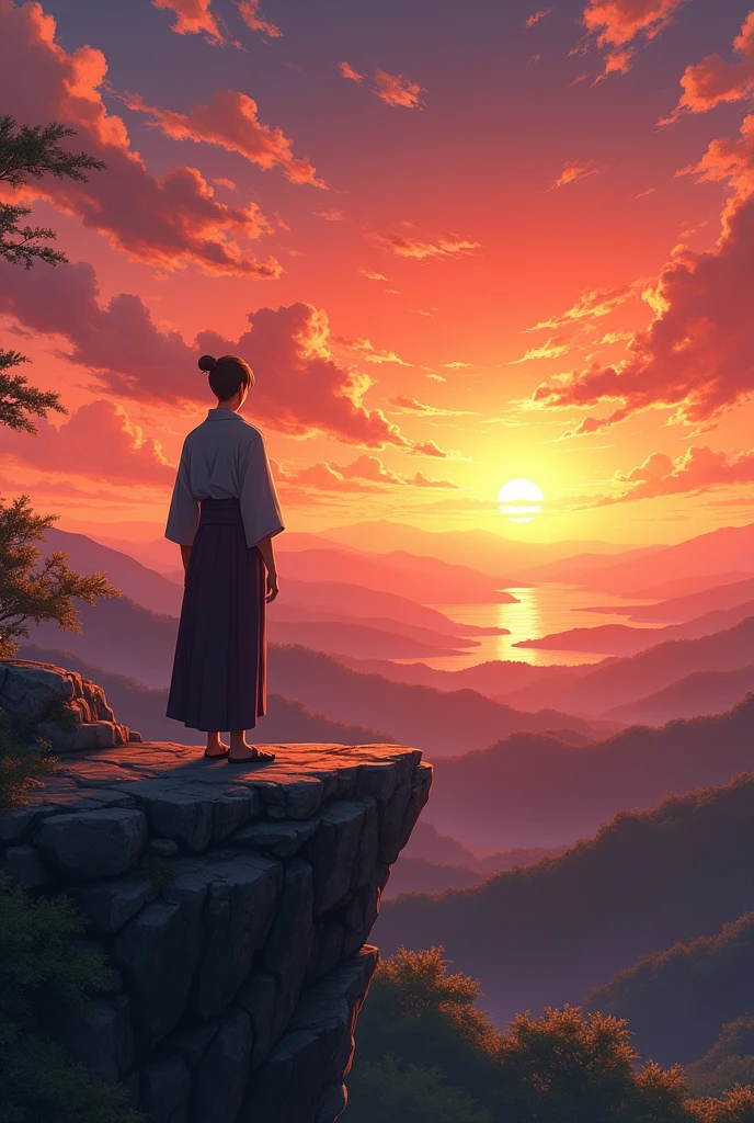 a man standing on a rock watching the sunset anime