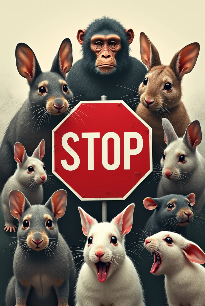 Stop killing animals poster show stop symbols on testing animals for scientific research, show different animals in pain , show animals crying