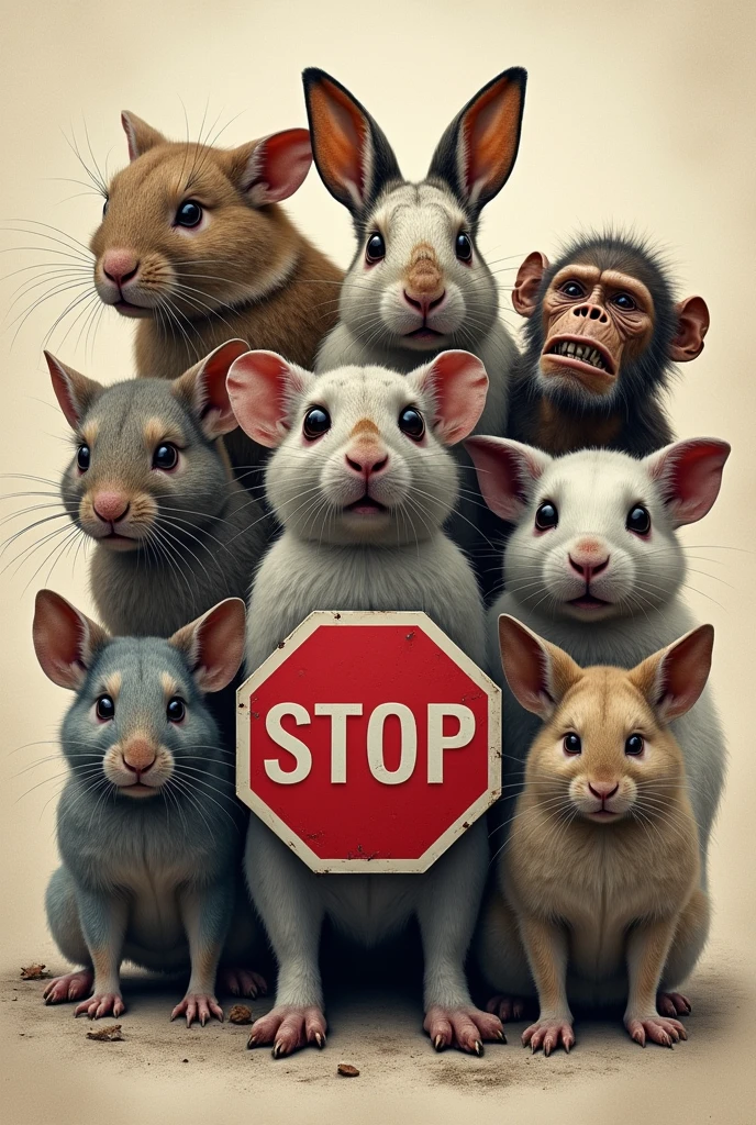 Stop killing animals  poster show stop symbols on testing animals for scientific research, show different animals in pain , show animals crying 