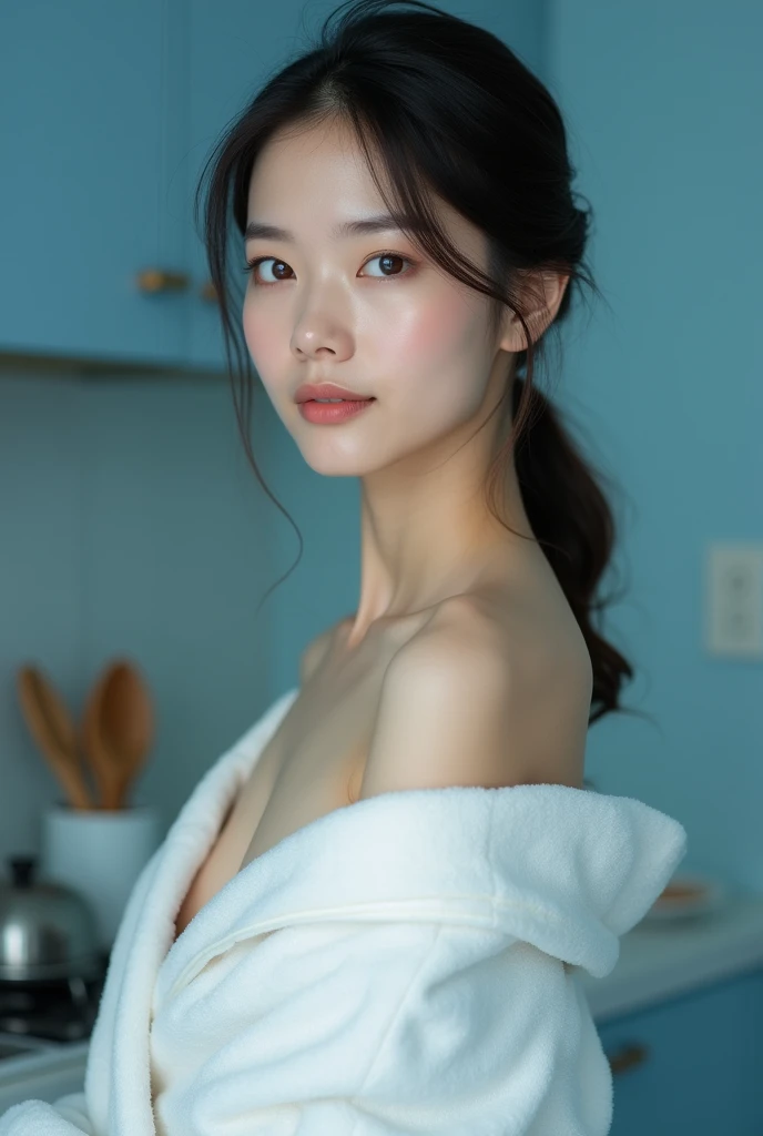 (8k)、woman、Real、Beautiful Thai people、裸になって片腕を上げてArmpit Hairをカミソリで剃っている、Please look this way、(Armpit Hair:1.8)、黒いArmpit Hair、(Armpit Hairの濃さ:2.8)