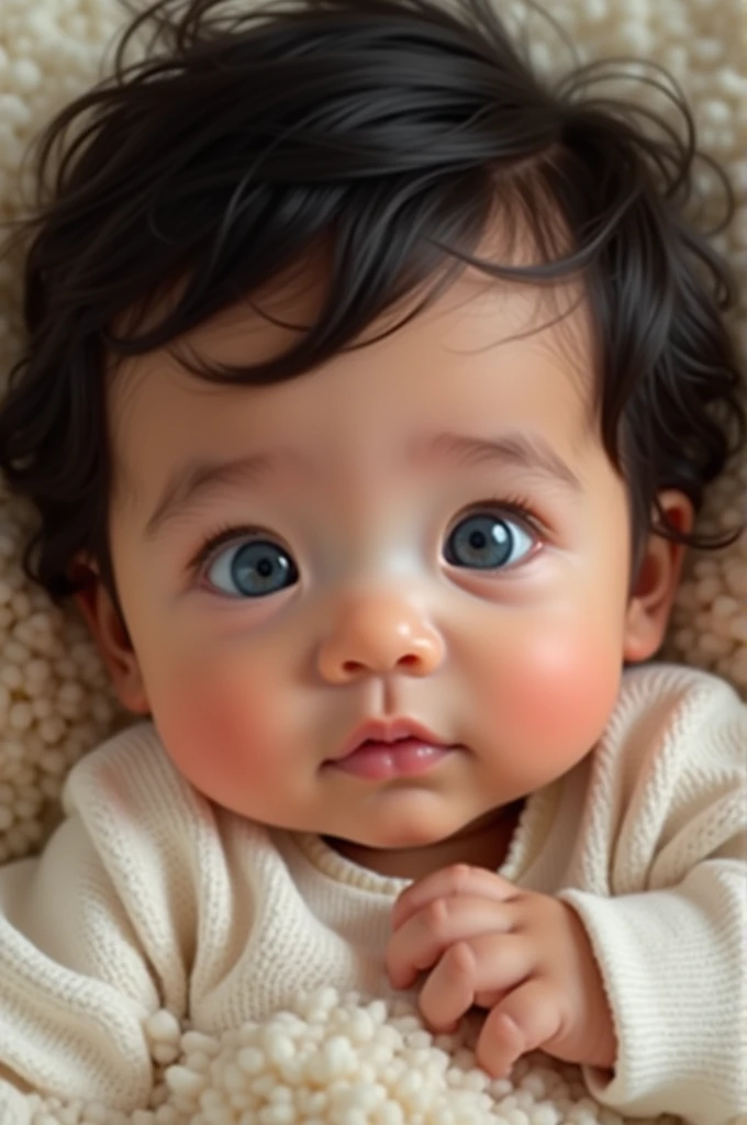 Baby with blue eyes a little closed,upturned and round little nose, full body, thick black hair